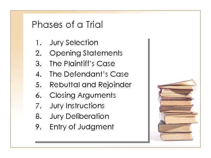 Phases of a Trial 1. 2. 3. 4. 5. 6. 7. 8. 9. Jury