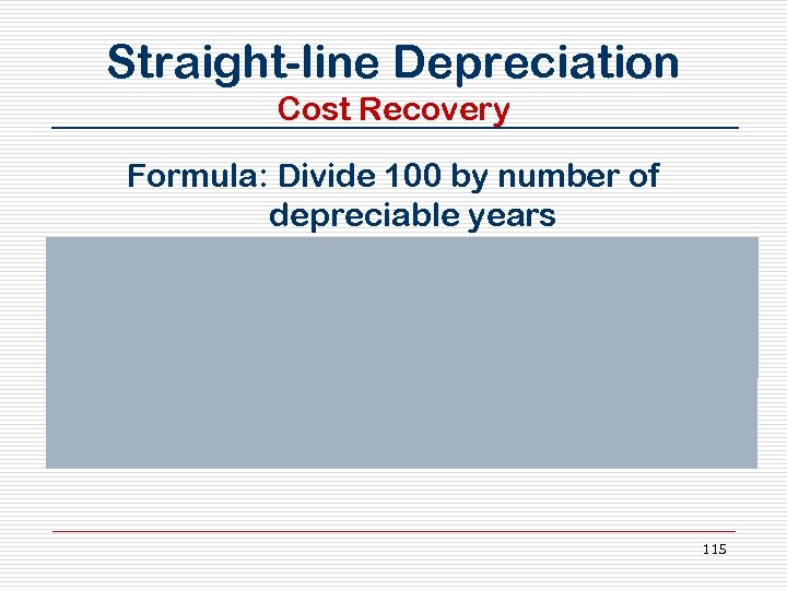 Straight-line Depreciation Cost Recovery Formula: Divide 100 by number of depreciable years Assume a
