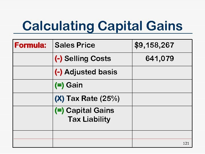 Calculating Capital Gains Formula: Sales Price (-) Selling Costs $9, 158, 267 641, 079