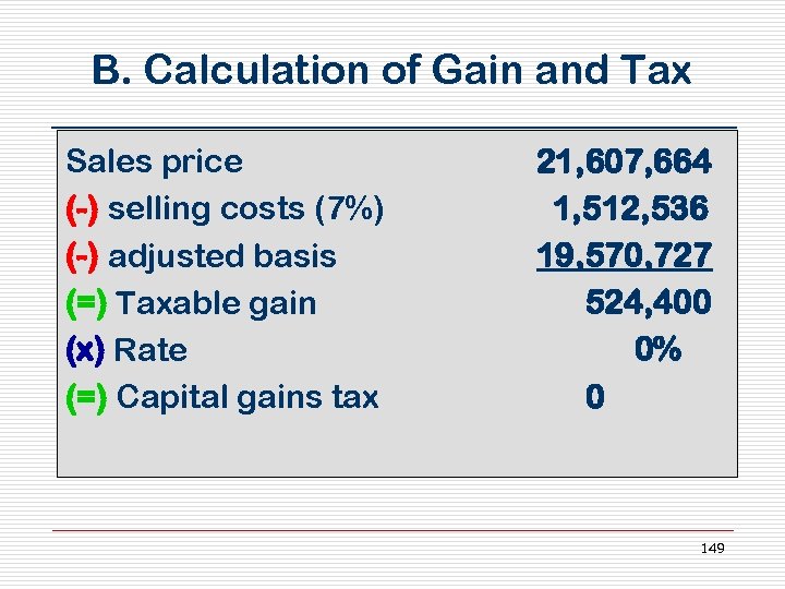 B. Calculation of Gain and Tax Sales price (-) selling costs (7%) (-) adjusted