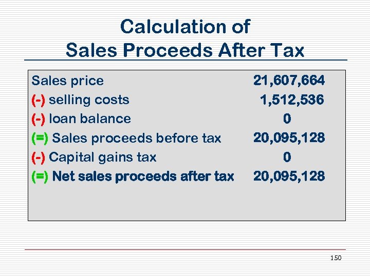 Calculation of Sales Proceeds After Tax Sales price (-) selling costs (-) loan balance