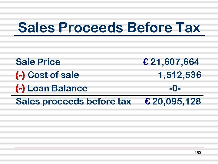 Sales Proceeds Before Tax Sale Price (-) Cost of sale (-) Loan Balance Sales