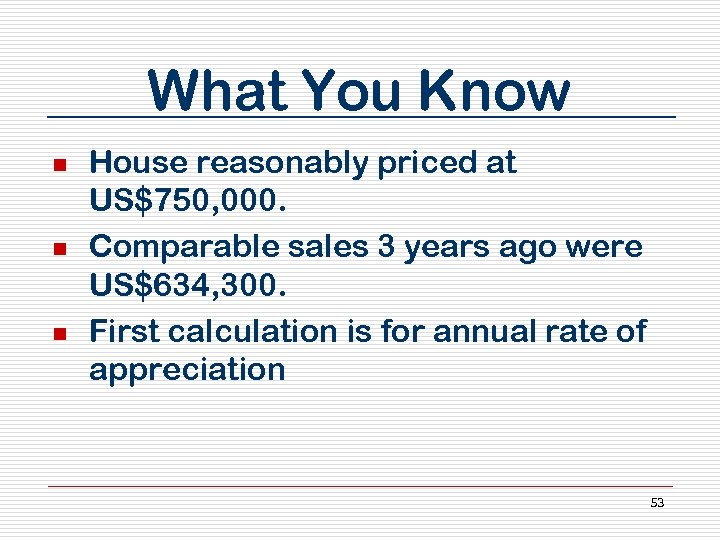 What You Know n n n House reasonably priced at US$750, 000. Comparable sales