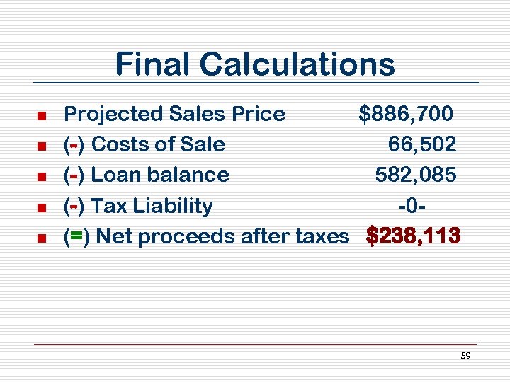 Final Calculations n n n Projected Sales Price $886, 700 (-) Costs of Sale
