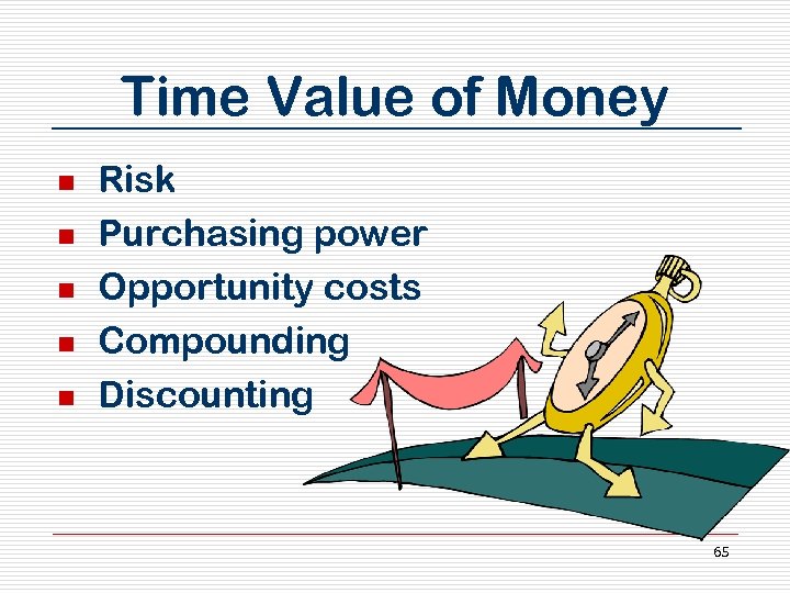 Time Value of Money n n n Risk Purchasing power Opportunity costs Compounding Discounting