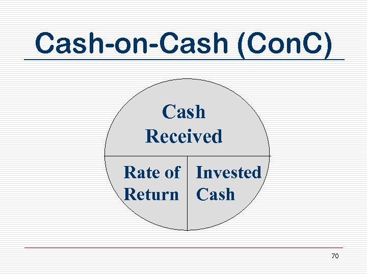 Cash-on-Cash (Con. C) Cash Received Rate of Invested Return Cash 70 