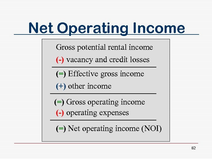 Net Operating Income Gross potential rental income (-) vacancy and credit losses (=) Effective
