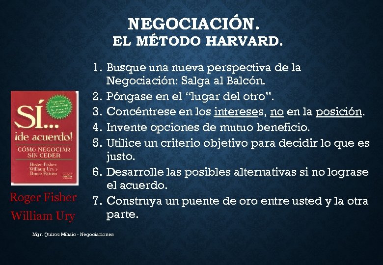 NEGOCIACIÓN. EL MÉTODO HARVARD. Roger Fisher William Ury 1. Busque una nueva perspectiva de