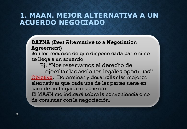 1. MAAN. MEJOR ALTERNATIVA A UN ACUERDO NEGOCIADO BATNA (Best Alternative to a Negotiation