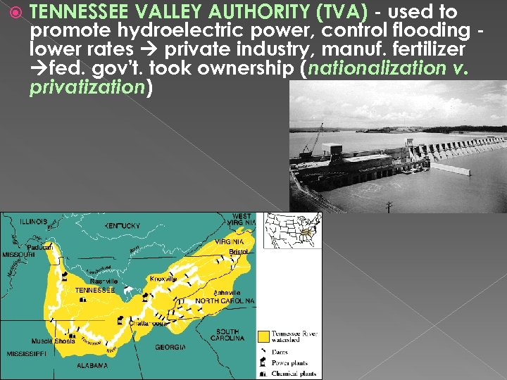  TENNESSEE VALLEY AUTHORITY (TVA) - used to promote hydroelectric power, control flooding lower