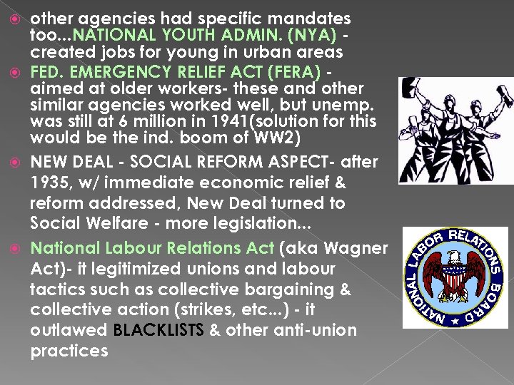 other agencies had specific mandates too. . . NATIONAL YOUTH ADMIN. (NYA) created jobs