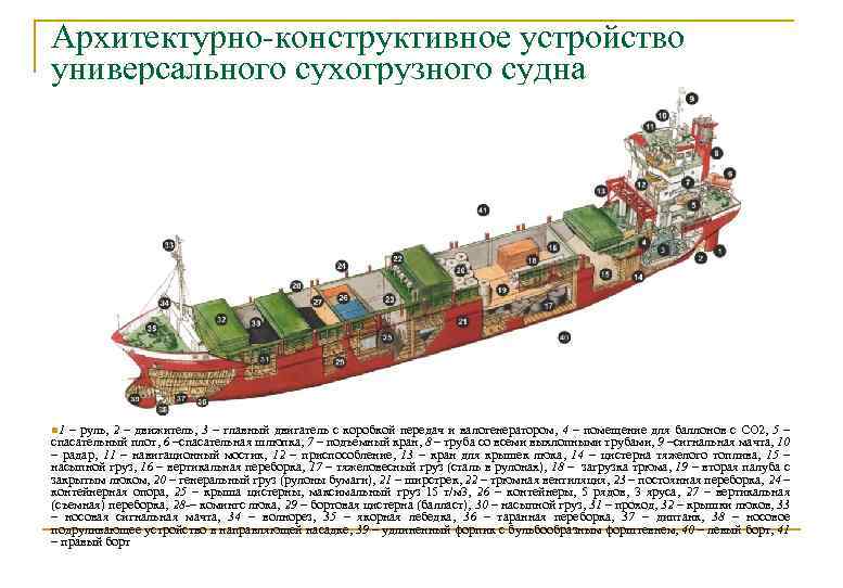 Архитектурно-конструктивное устройство универсального сухогрузного судна n 1 – руль, 2 – движитель, 3 –