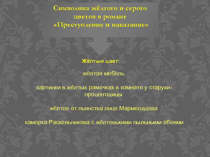 Символика жёлтого и серого цветов в романе «Преступление и наказание» Жёлтый цвет: жёлтая мебель