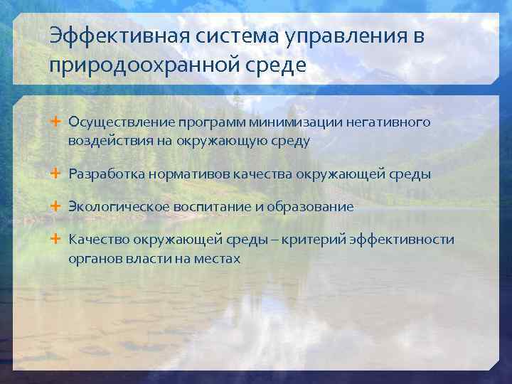 Эффективная система управления в природоохранной среде Осуществление программ минимизации негативного воздействия на окружающую среду