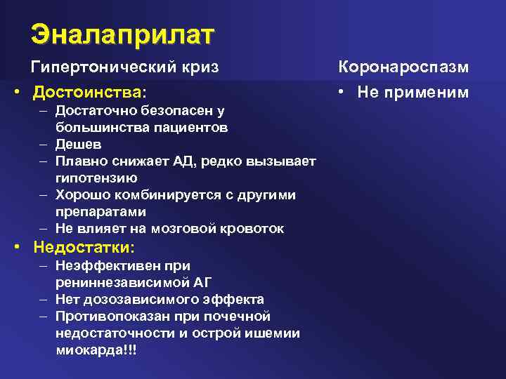 Эналаприлат Гипертонический криз • Достоинства: – Достаточно безопасен у большинства пациентов – Дешев –