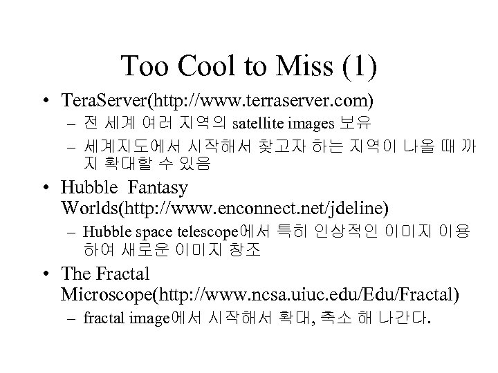 Too Cool to Miss (1) • Tera. Server(http: //www. terraserver. com) – 전 세계