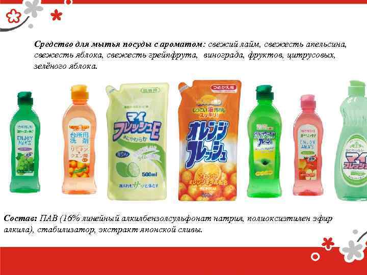 Средство для мытья посуды с ароматом: свежий лайм, свежесть апельсина, свежесть яблока, свежесть грейпфрута,
