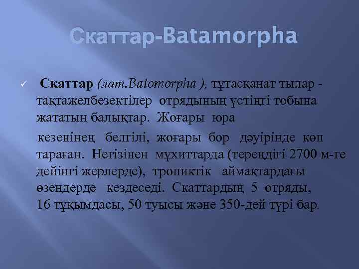 Скаттар-Batamorpha Скаттар (лат. Batomorpha ), тұтасқанат тылар тақтажелбезектілер отрядының үстіңгі тобына жататын балықтар. Жоғары