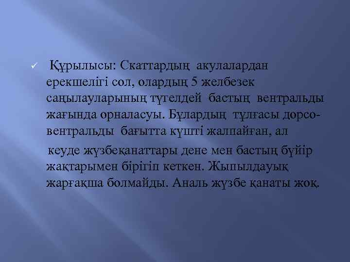  Құрылысы: Скаттардың акулалардан ерекшелігі сол, олардың 5 желбезек саңылауларының түгелдей бастың вентральды жағында