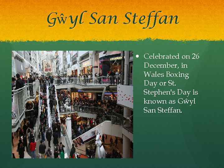 Gŵyl San Steffan Celebrated on 26 December, in Wales Boxing Day or St. Stephen's