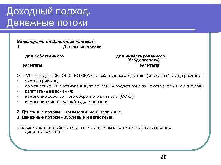 Доходный подход. Денежные потоки Классификации денежных потоков 1. Денежные потоки для собственного капитала для