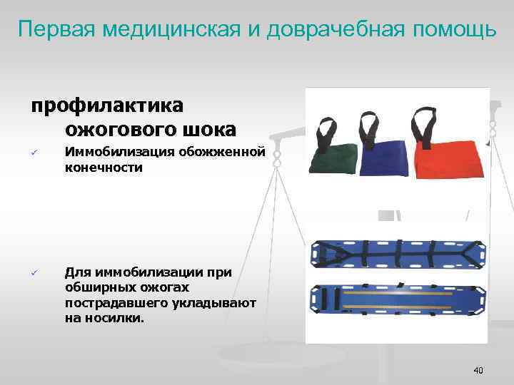 Первая медицинская и доврачебная помощь профилактика ожогового шока ü ü Иммобилизация обожженной конечности Для