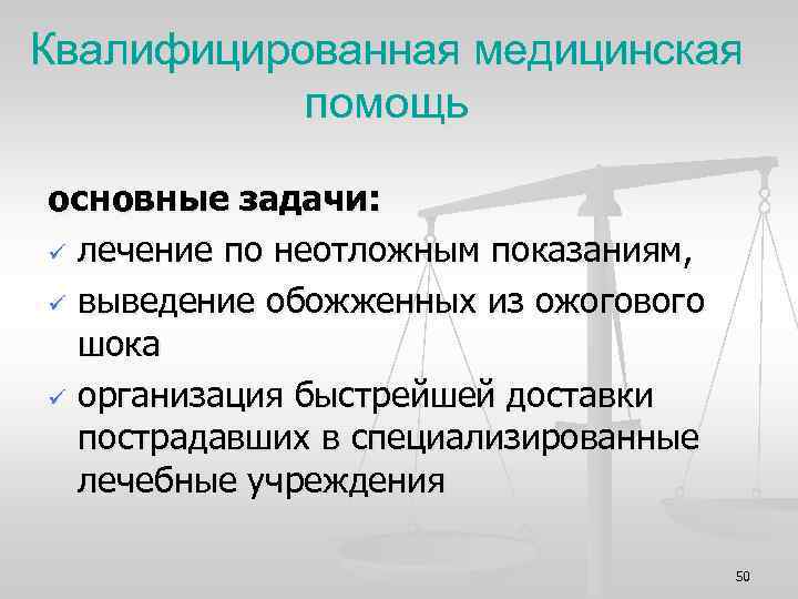 Квалифицированная медицинская помощь основные задачи: ü лечение по неотложным показаниям, ü выведение обожженных из