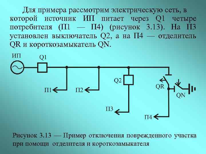 Для примера рассмотрим электрическую сеть, в которой источник ИП питает через Q 1 четыре