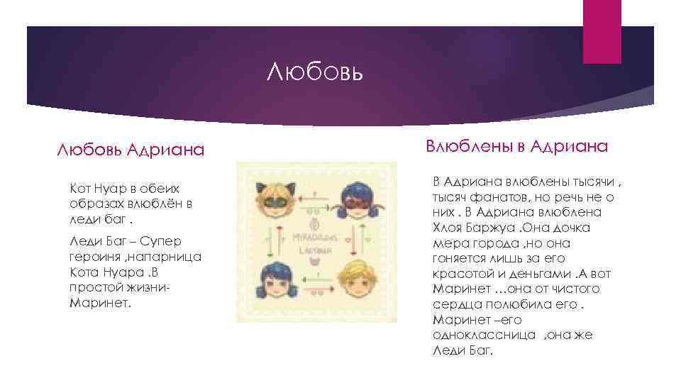 Любовь Адриана Кот Нуар в обеих образах влюблён в леди баг. Леди Баг –