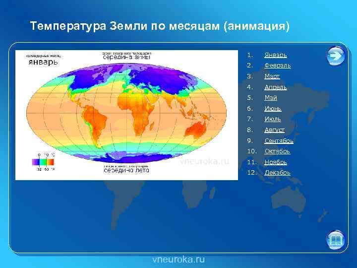 Температура Земли по месяцам (анимация) 1. Январь 2. Февраль 3. Март 4. Апрель 5.