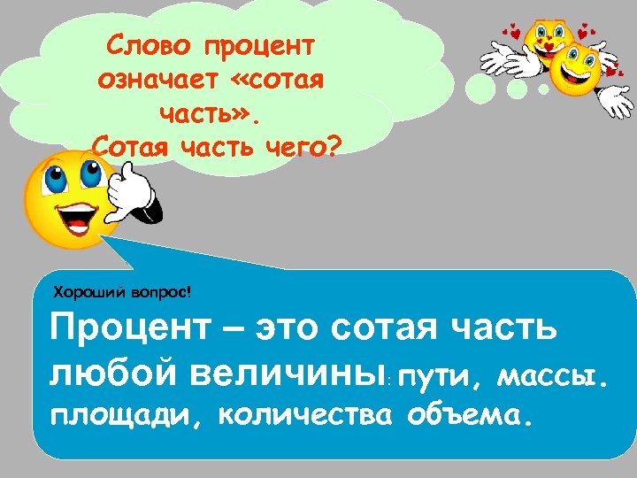 Слово процент означает «сотая часть» . Сотая часть чего? Хороший вопрос! Процент – это