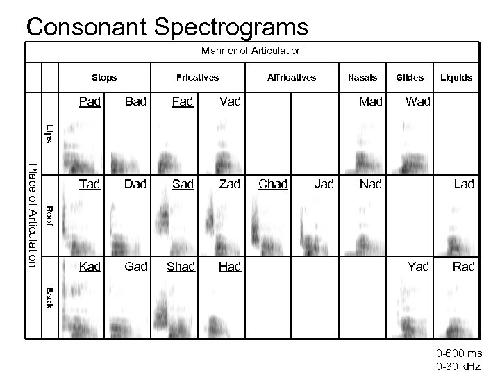 Consonant Spectrograms Manner of Articulation Stops Fricatives Affricatives Bad Fad Vad Tad Dad Sad