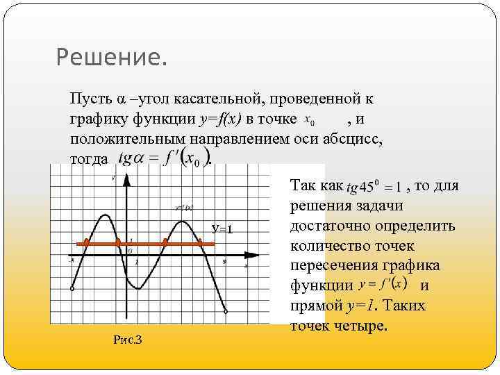 Решение. Пусть α –угол касательной, проведенной к графику функции y=f(x) в точке , и