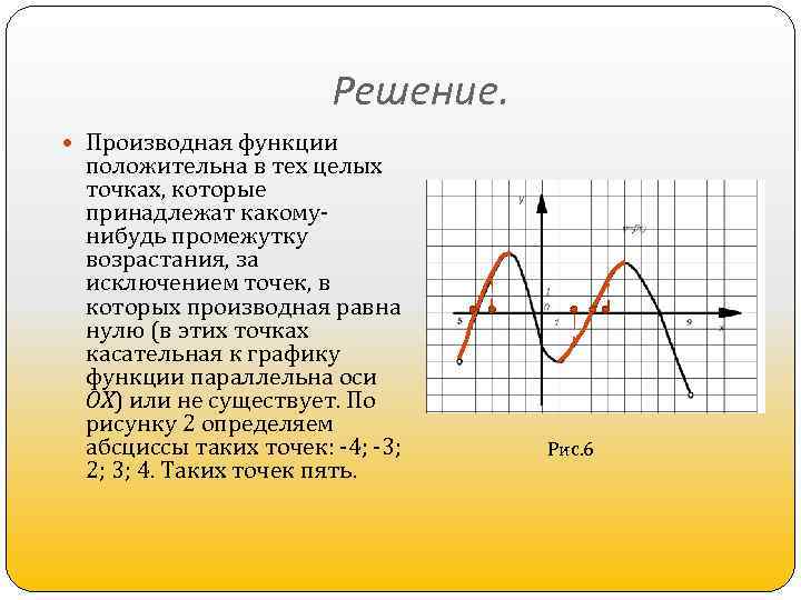 Решение. Производная функции положительна в тех целых точках, которые принадлежат какомунибудь промежутку возрастания, за