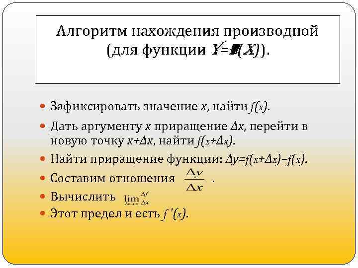 Алгоритм нахождения производной (для функции y=f(x)). Зафиксировать значение х, найти f(x). Дать аргументу х