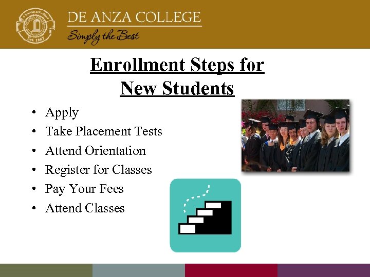 Enrollment Steps for New Students • • • Apply Take Placement Tests Attend Orientation