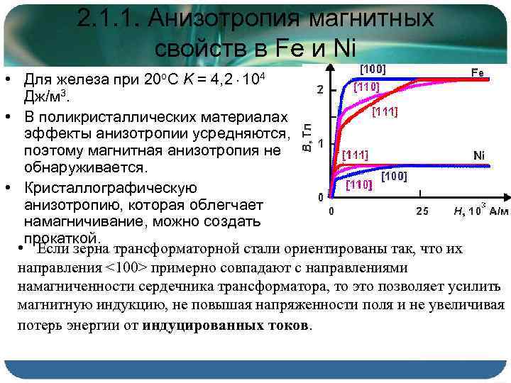 2. 1. 1. Анизотропия магнитных свойств в Fe и Ni • Для железа при