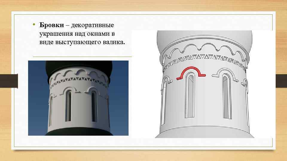  • Бровки – декоративные украшения над окнами в виде выступающего валика. 