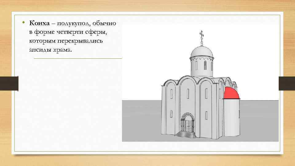  • Конха – полукупол, обычно в форме четверти сферы, которым перекрывались апсиды храма.