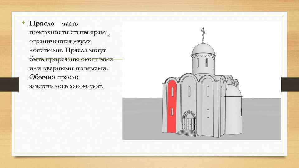  • Прясло – часть поверхности стены храма, ограниченная двумя лопатками. Прясла могут быть