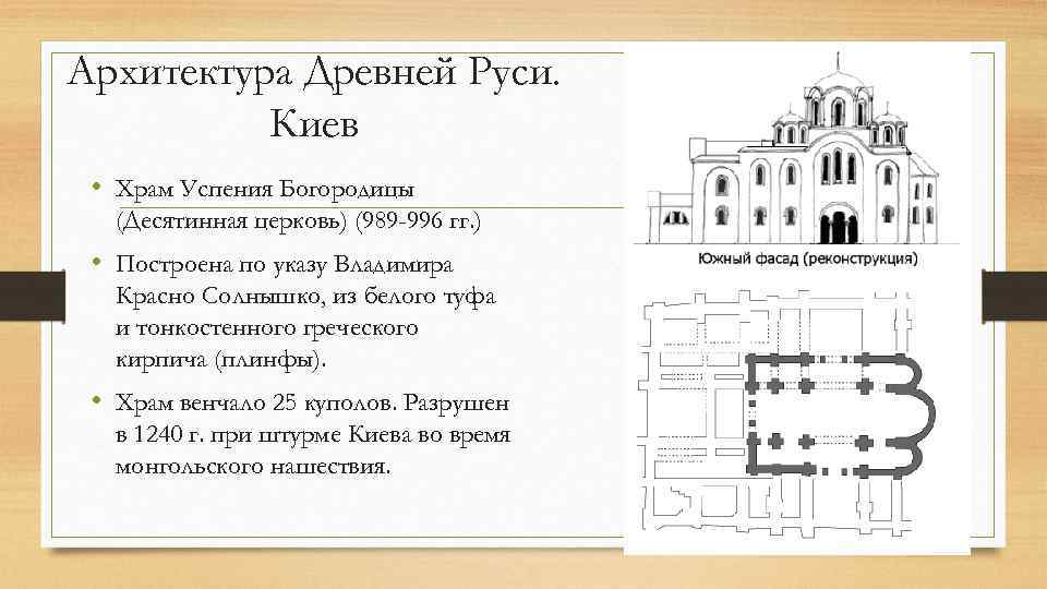 Архитектура Древней Руси. Киев • Храм Успения Богородицы (Десятинная церковь) (989 -996 гг. )
