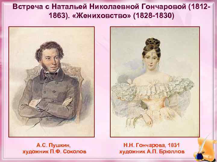 Встреча с Натальей Николаевной Гончаровой (18121863). «Жениховство» (1828 -1830) А. С. Пушкин, художник П.