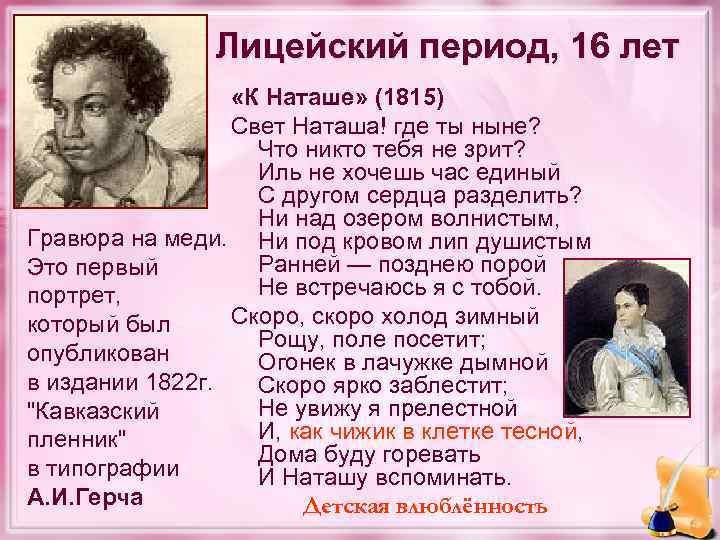 Лицейский период, 16 лет «К Наташе» (1815) Свет Наташа! где ты ныне? Что никто