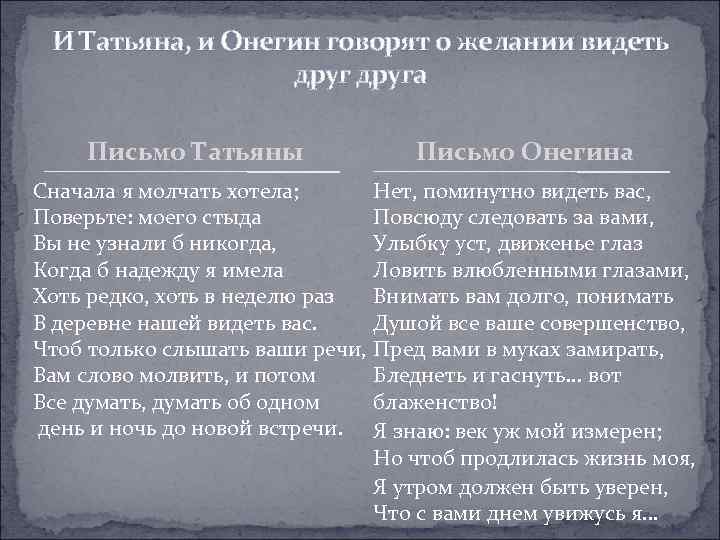 И Татьяна, и Онегин говорят о желании видеть друга Письмо Татьяны Сначала я молчать