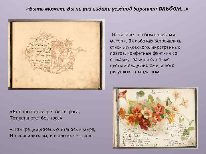  «Быть может. Вы не раз видали уездной барышни альбом…» Начинался альбом советами матери.