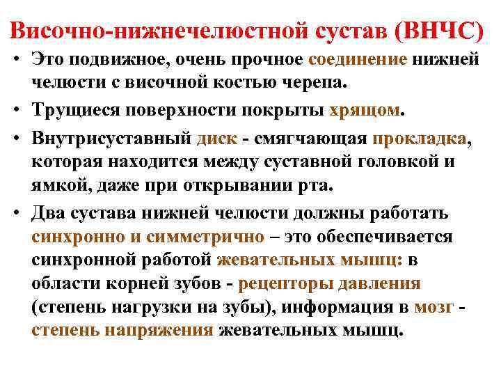 Височно-нижнечелюстной сустав (ВНЧС) • Это подвижное, очень прочное соединение нижней челюсти с височной костью