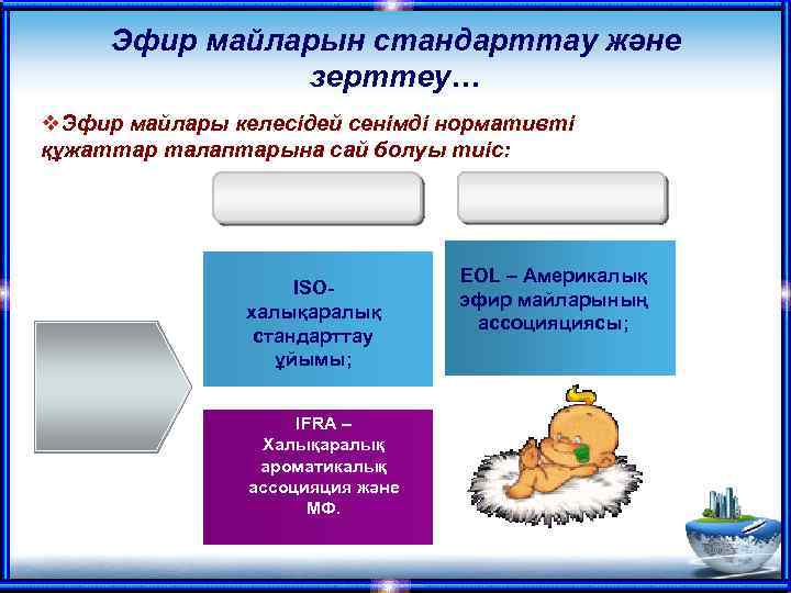 Эфир майларын стандарттау және зерттеу… v. Эфир майлары келесідей сенімді нормативті құжаттар талаптарына сай