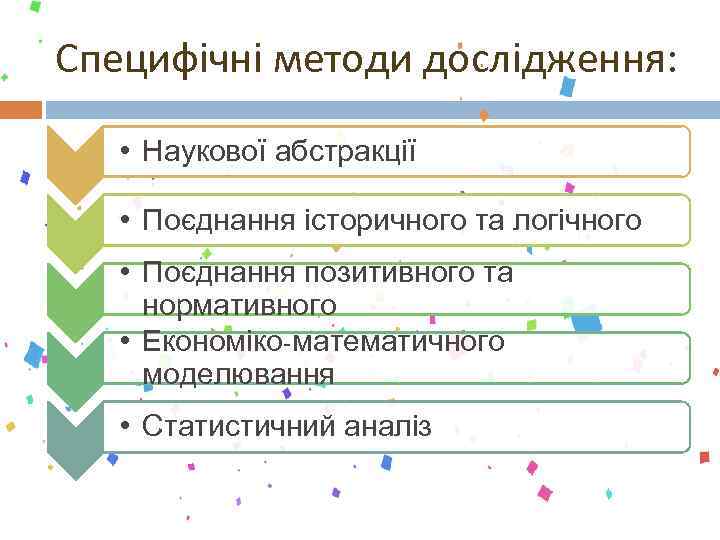 Специфічні методи дослідження: • Наукової абстракції • Поєднання історичного та логічного • Поєднання позитивного