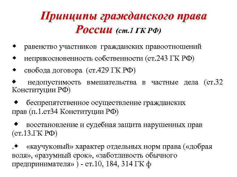 Принципы гражданского права России (ст. 1 ГК РФ) ◆ равенство участников гражданских правоотношений ◆