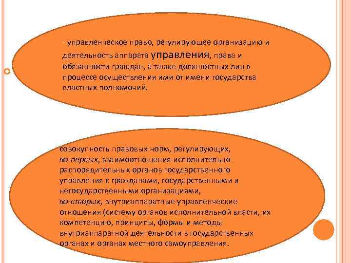 - управленческое право, регулирующее организацию и деятельность аппарата управления, права и обязанности граждан, а